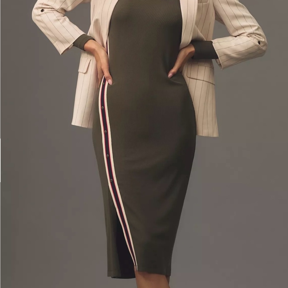 Olive Green Dress with Striped Blazer